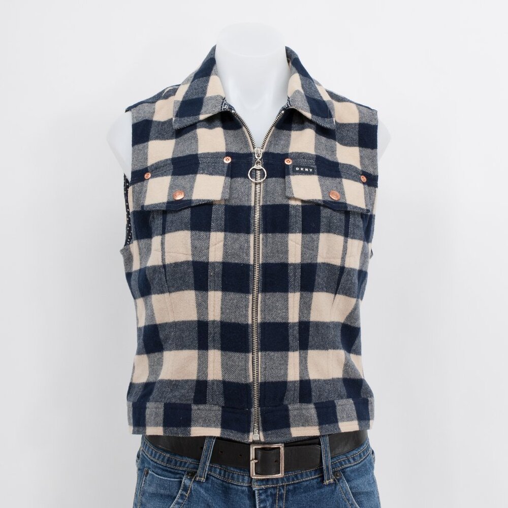 DKNY Jeans plaid wool blend zip front vest P size